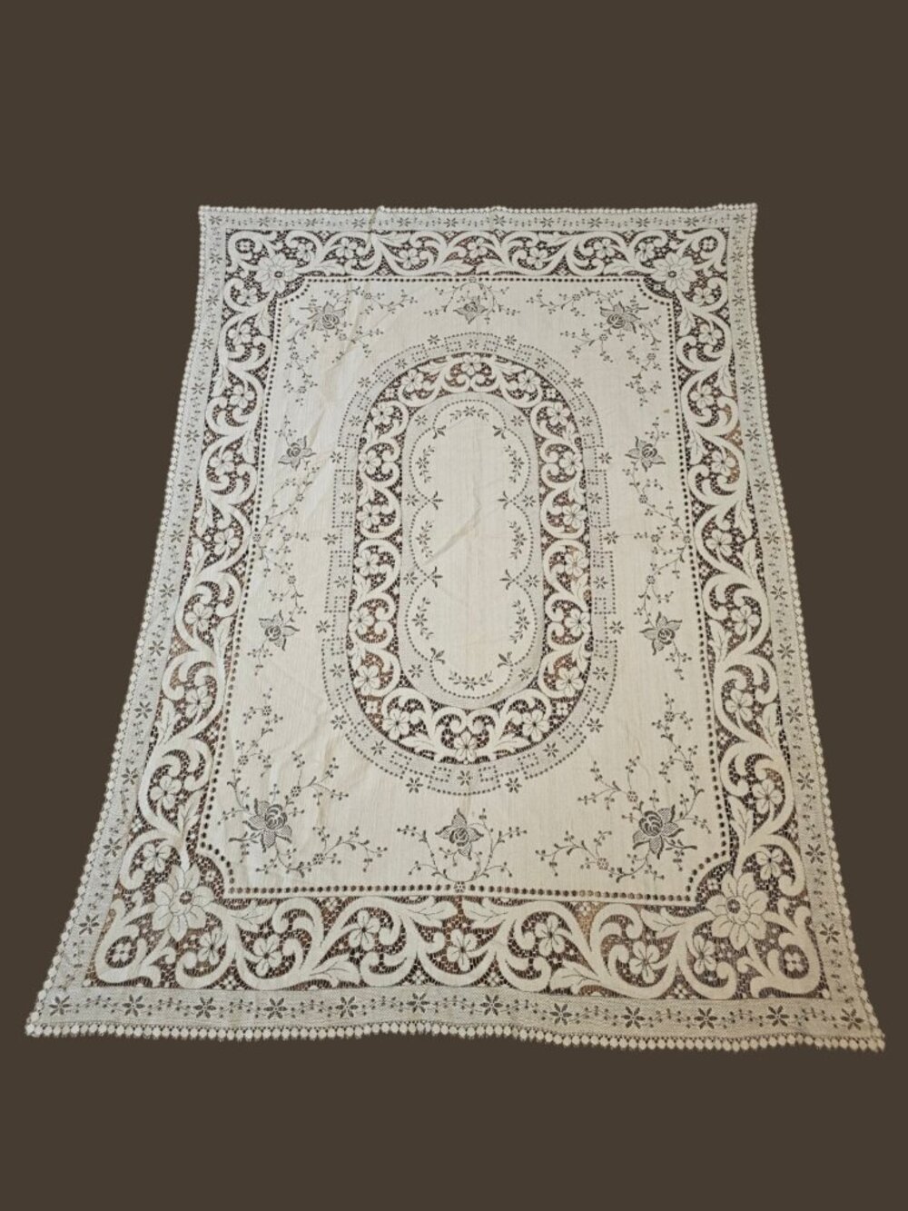 VTG Quaker Nottingham Lace Rectangular Tablecloth Ecru Floral 59x80